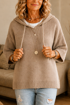 Women's open-knit hoodie with drawstring hood and short sleeves