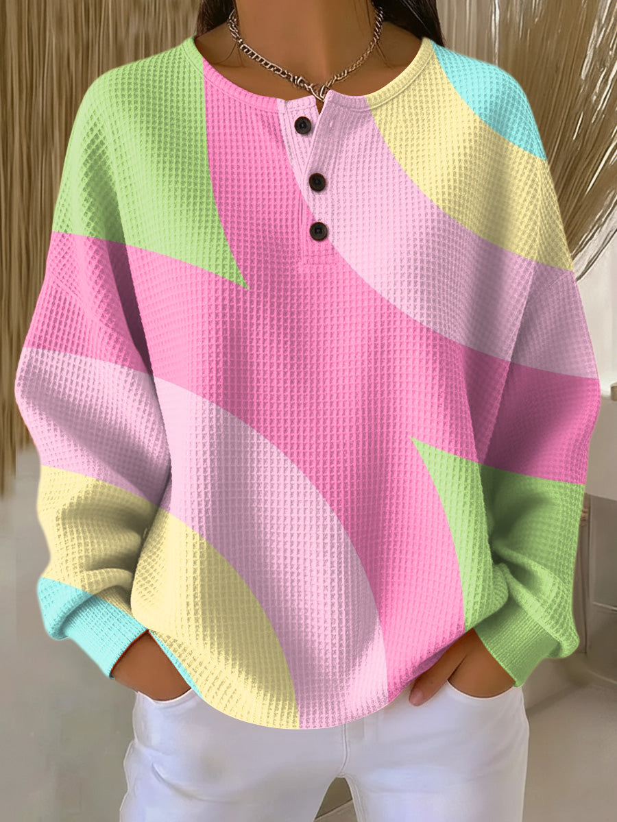 Women's multicolor abstract geometric sweater with crew neck and buttons