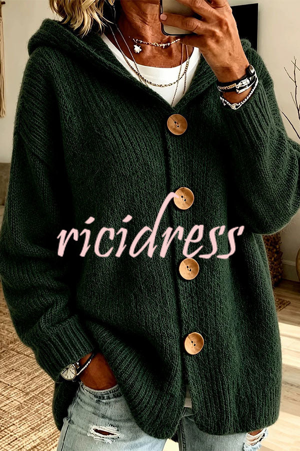 Women's long-sleeve hooded knit cardigan with four-button front