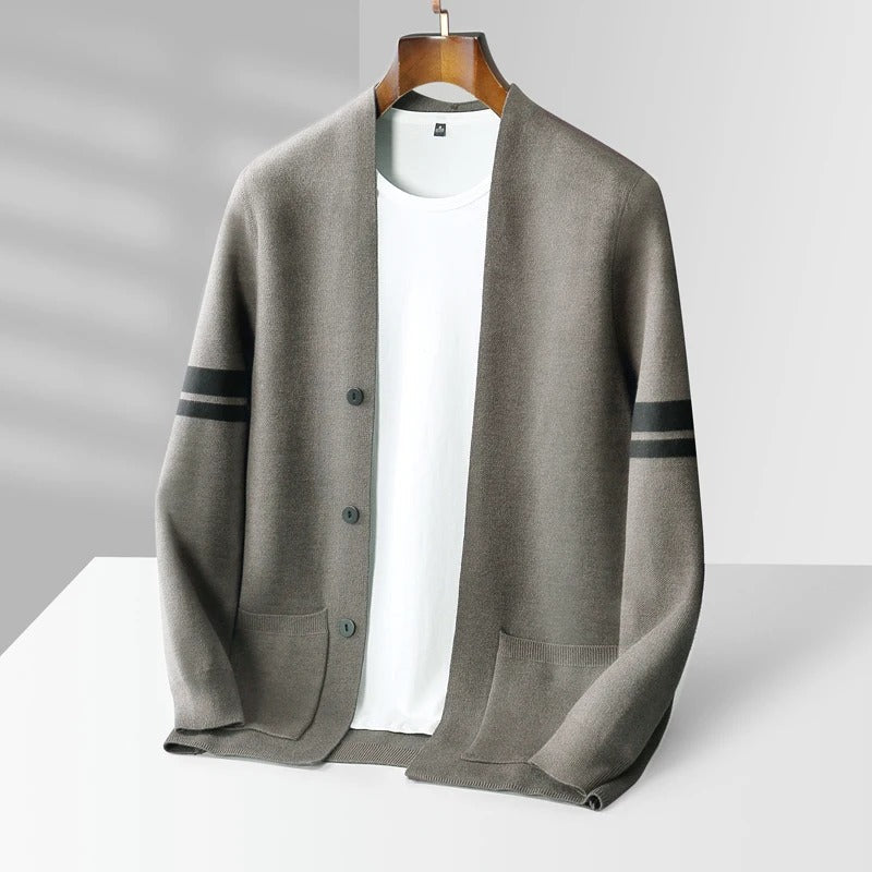 Men's cardigan with button front, patch pockets and striped long sleeves