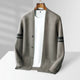 Men's cardigan with button front, patch pockets and striped long sleeves