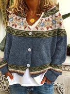 Women's geometric knit cardigan with V-neck, buttons and long sleeves
