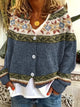 Women's geometric knit cardigan with V-neck, buttons and long sleeves