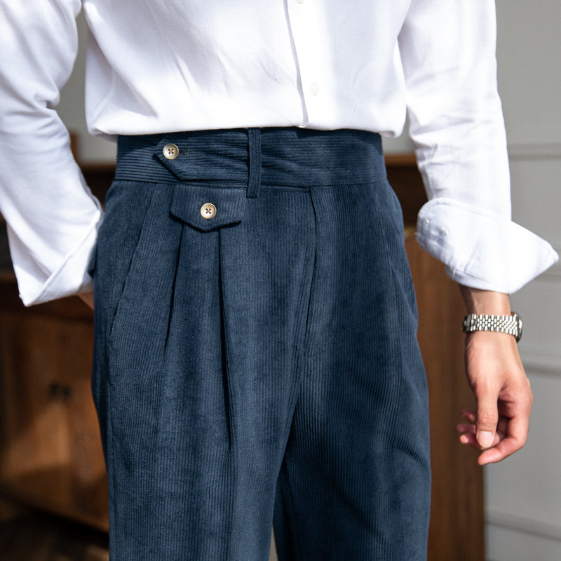 Men's pleated corduroy trousers in coffee and blue