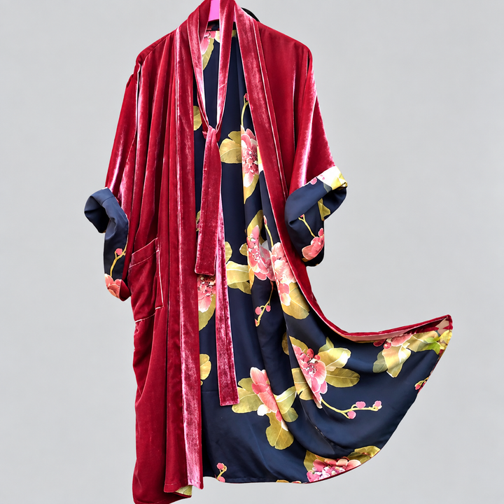 Women's Velvet Dressing Gown with Floral Print