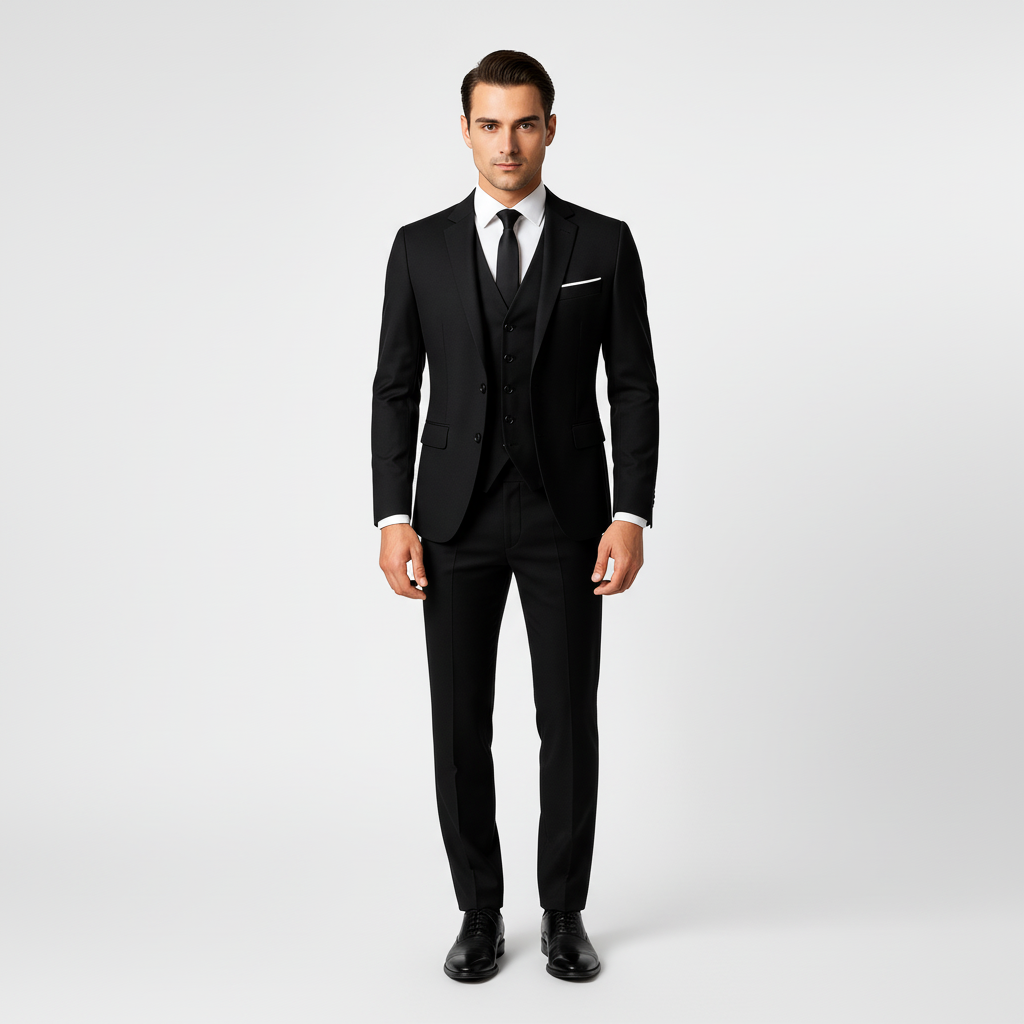 Men's three-piece suit with tailored jacket, button waistcoat and matching trousers