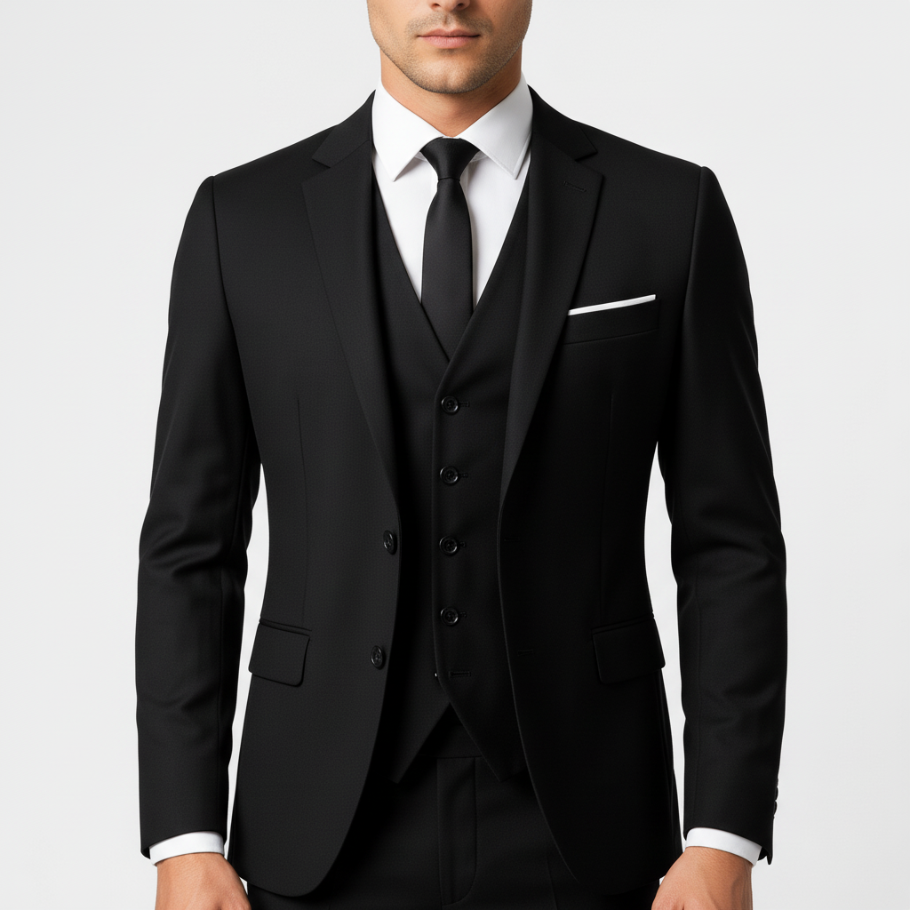 Men's three-piece suit with tailored jacket, button waistcoat and matching trousers