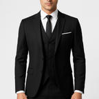 Men's three-piece suit with tailored jacket, button waistcoat and matching trousers