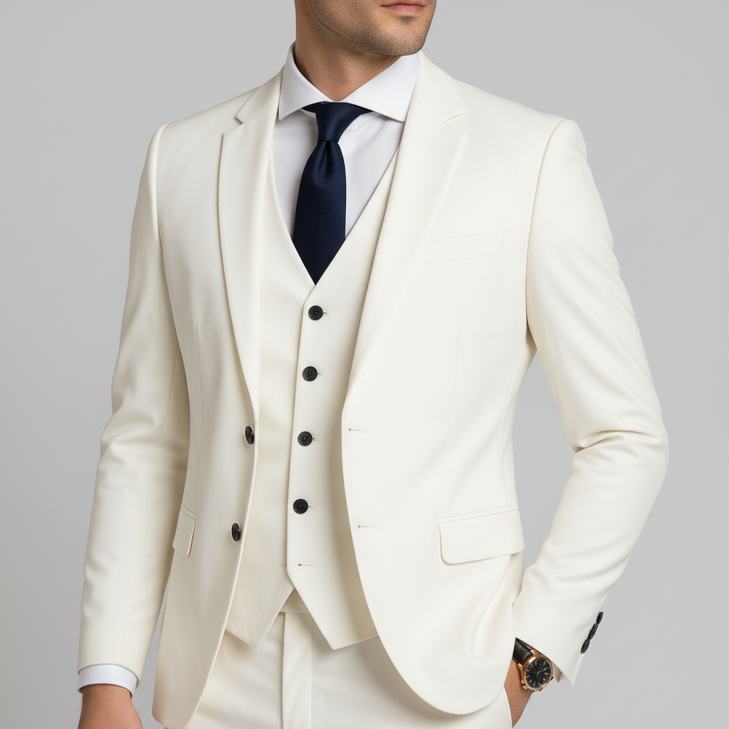 Men's three-piece suit with tailored jacket, button waistcoat and matching trousers