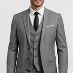 Men's three-piece suit with tailored jacket, button waistcoat and matching trousers