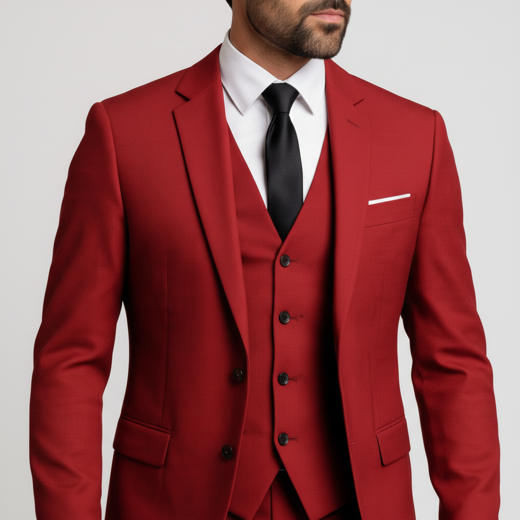 Men's three-piece suit with tailored jacket, button waistcoat and matching trousers