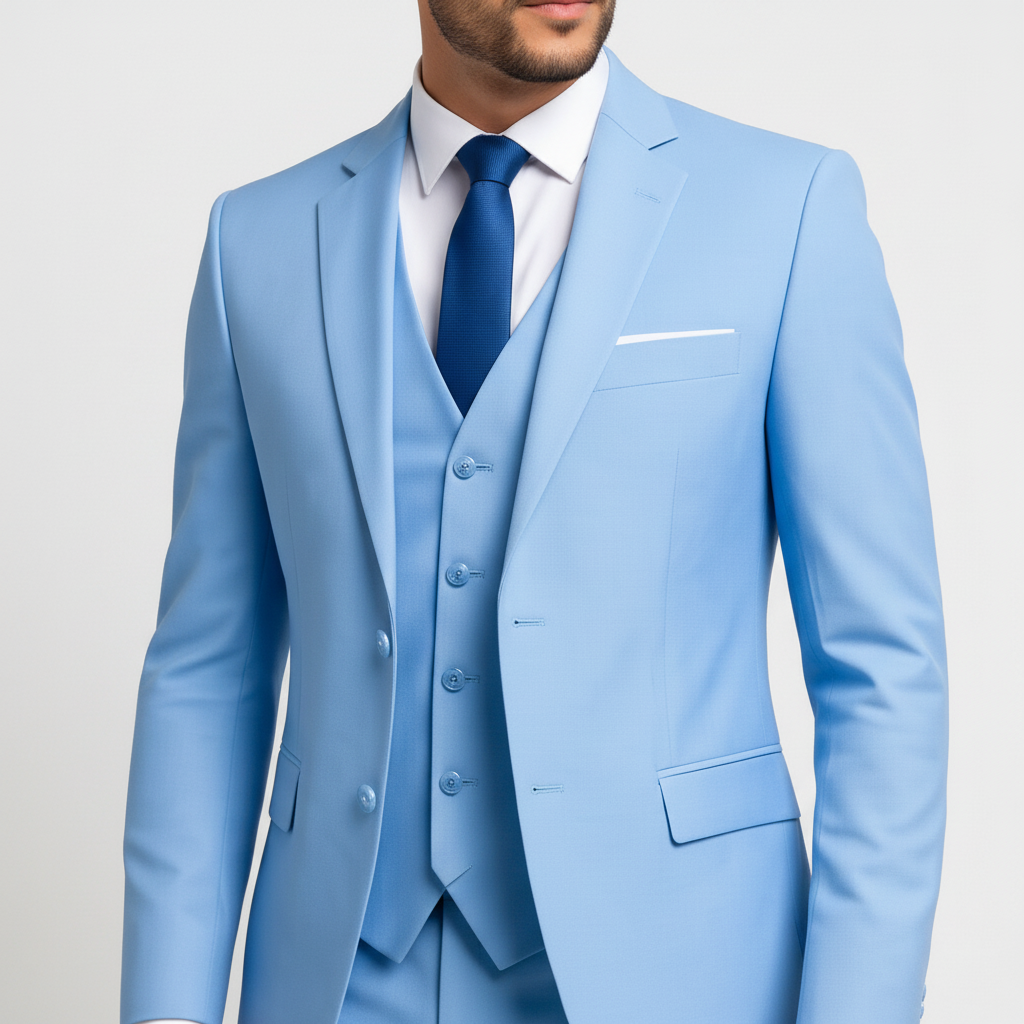 Men's three-piece suit with tailored jacket, button waistcoat and matching trousers