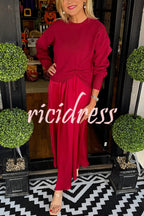 Women's knit sweater and ruched flowing midi dress two-piece set