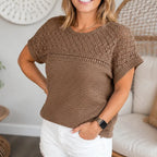 Women's short sleeve open knit textured top with round neck