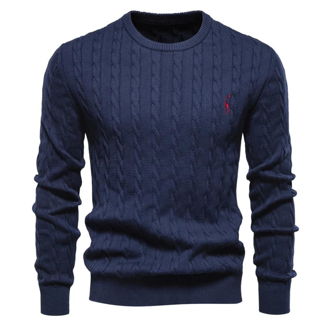 Men's cable-knit jumper with crew neck, long sleeves and chest emblem