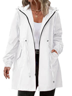 Women's longline hooded raincoat with zip front and drawstring waist