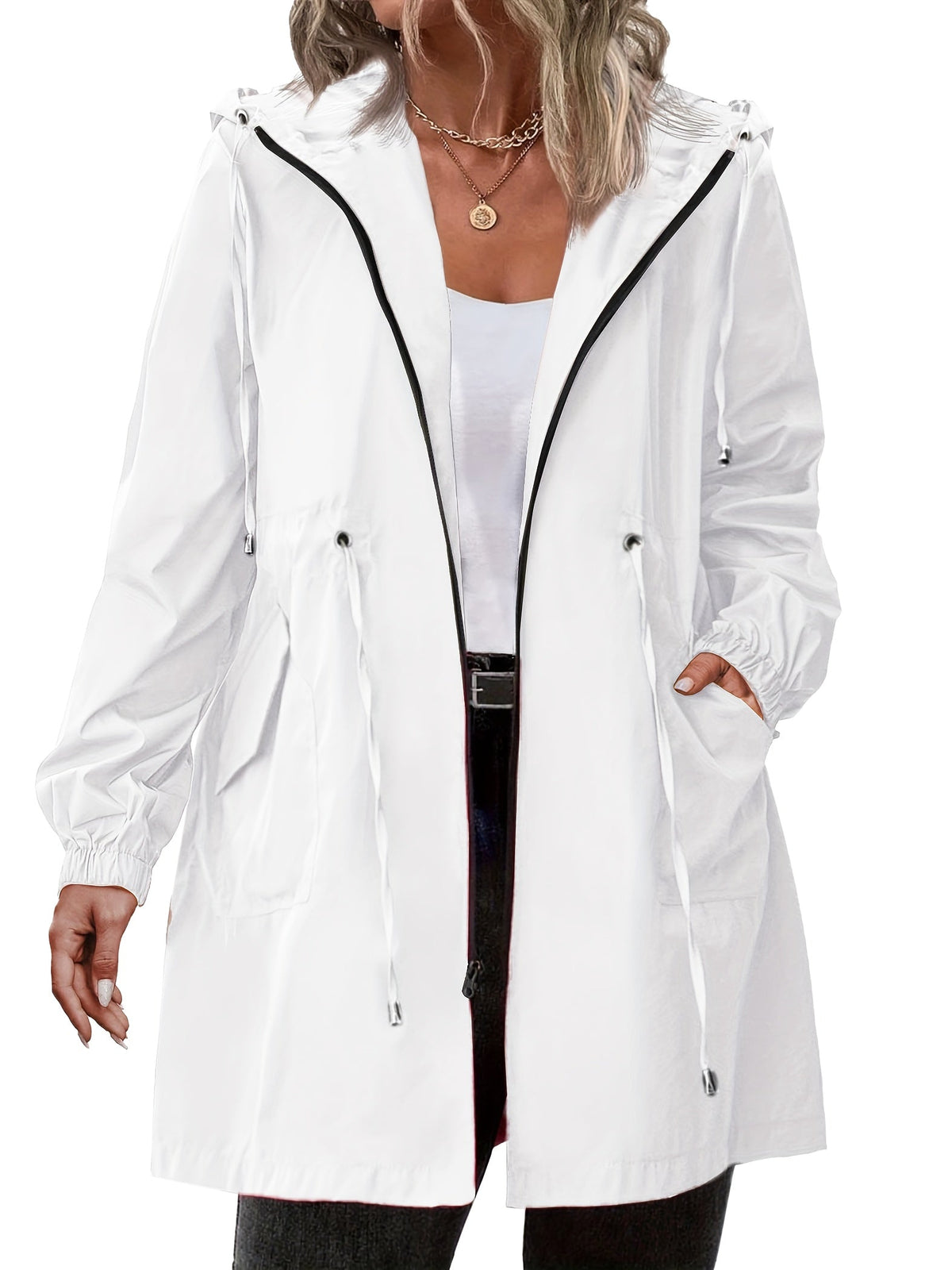 Women's longline hooded raincoat with zip front and drawstring waist