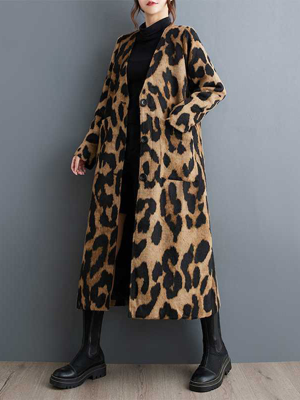 Women's brown leopard longline coat with buttons and patch pockets
