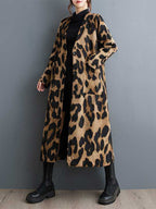 Women's brown leopard longline coat with buttons and patch pockets