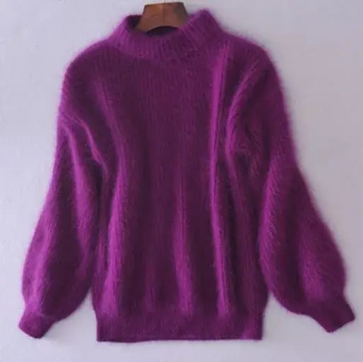 Women's fluffy turtleneck sweater with long sleeves and ribbed trims