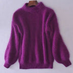Women's fluffy turtleneck sweater with long sleeves and ribbed trims