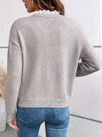 Women's V-neck knit jumper with contrasting white lace collar