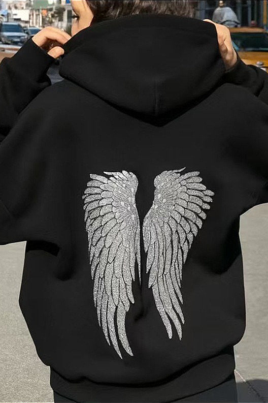Women's relaxed hooded sweatshirt with sequin wing graphic on the back