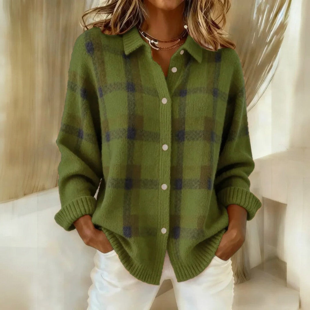 Women's checked button-front sweater with collar and ribbed trims