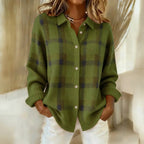 Women's checked button-front sweater with collar and ribbed trims