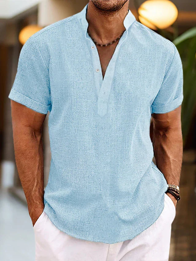 Men's short-sleeve textured Henley shirt with stand collar