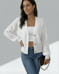 Women's white textured knit cardigan with long sleeves and button front