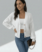 Women's white textured knit cardigan with long sleeves and button front