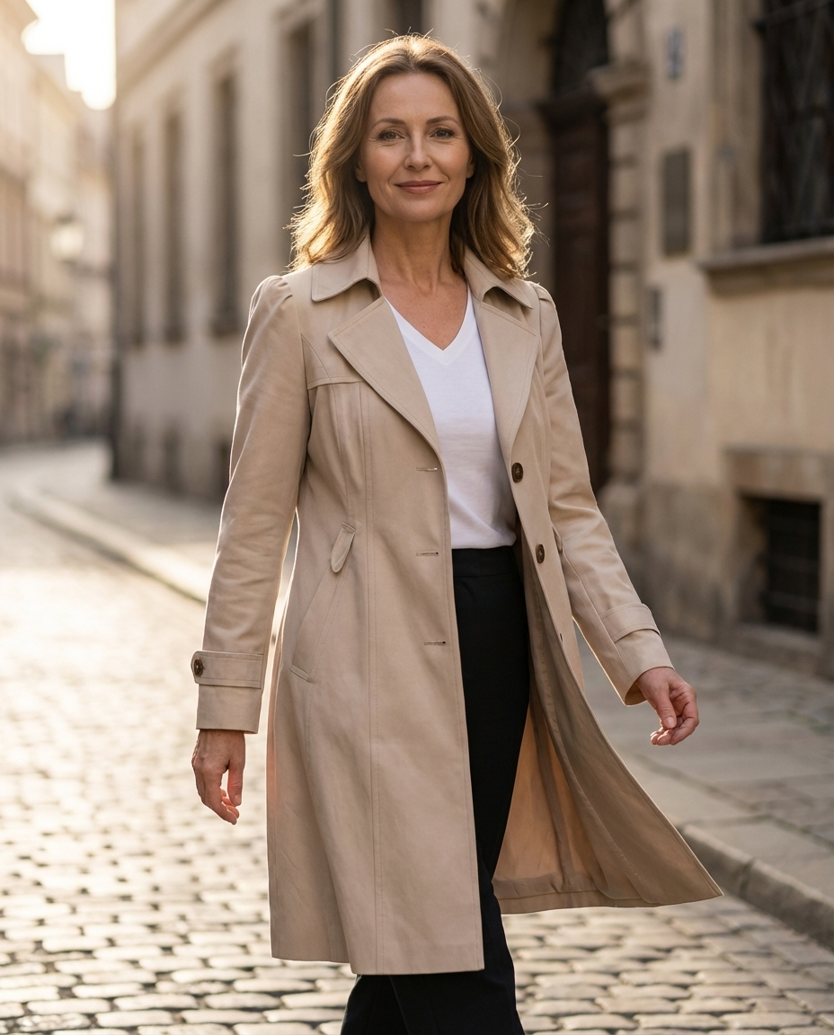 Women's structured trench coat with notched lapels, buttons and long sleeves