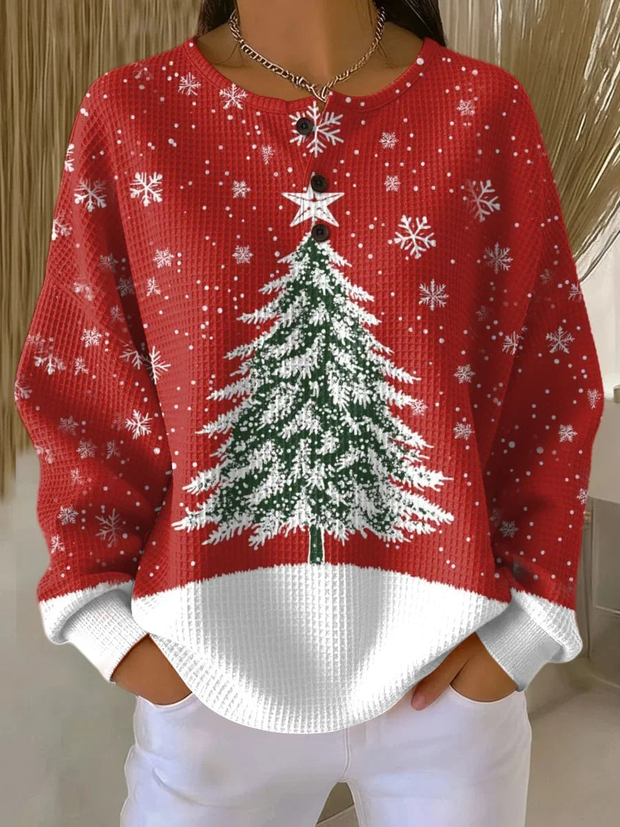 Women's red Christmas jumper with snowy tree and snowflake print