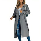 Women's long double-breasted trench coat with lapel collar and long sleeves