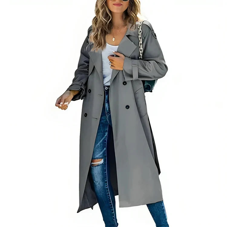 Women's long double-breasted trench coat with lapel collar and long sleeves
