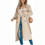 Women's long double-breasted trench coat with lapel collar and long sleeves