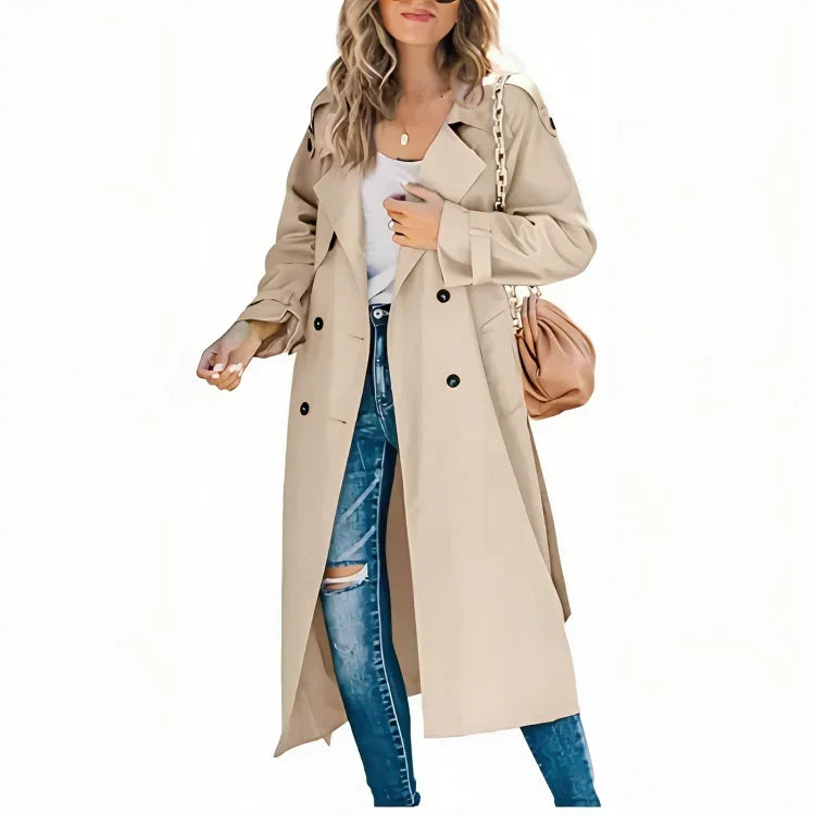 Women's long double-breasted trench coat with lapel collar and long sleeves