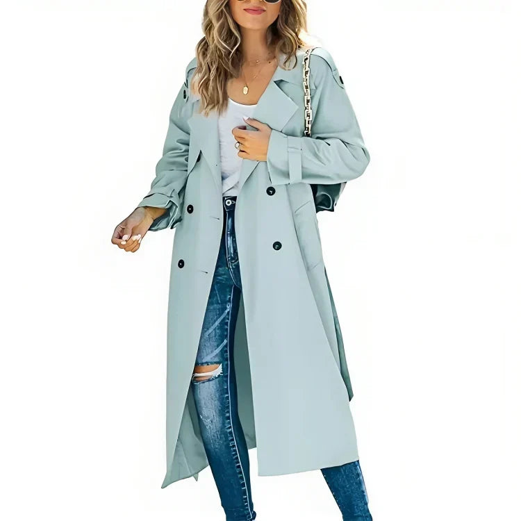 Women's long double-breasted trench coat with lapel collar and long sleeves