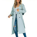 Women's long double-breasted trench coat with lapel collar and long sleeves