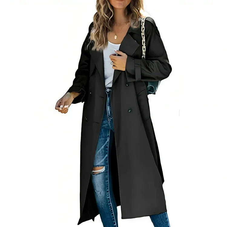 Women's long double-breasted trench coat with lapel collar and long sleeves