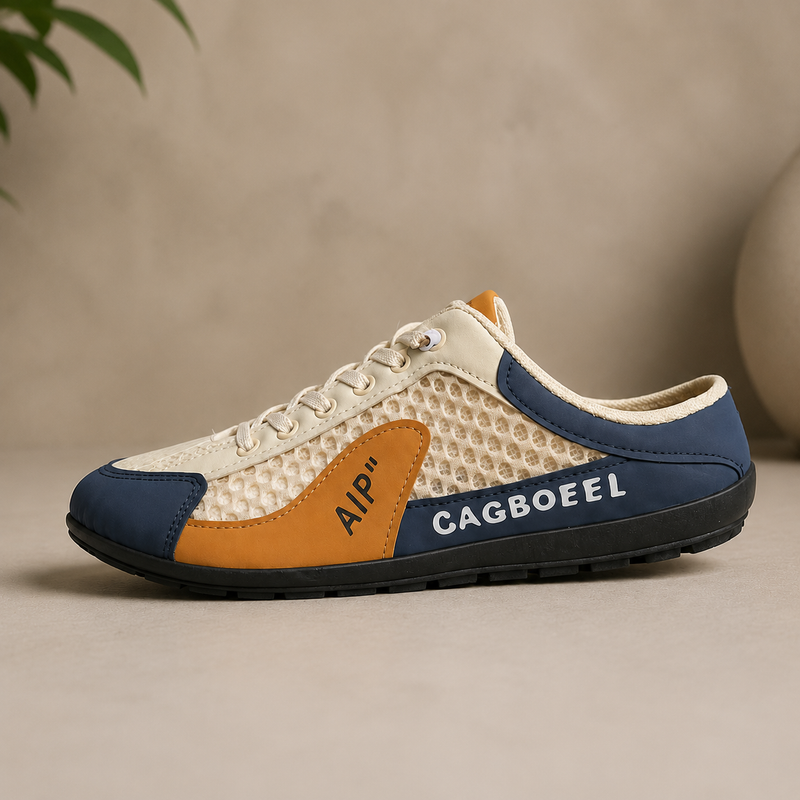 Men's lace-up trainers with mesh panels, contrast overlays and flat ridged soles