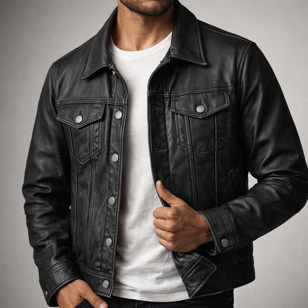 Men's Faux Leather Trucker Jacket