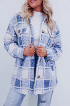 Women's checked teddy jacket with collar and button front
