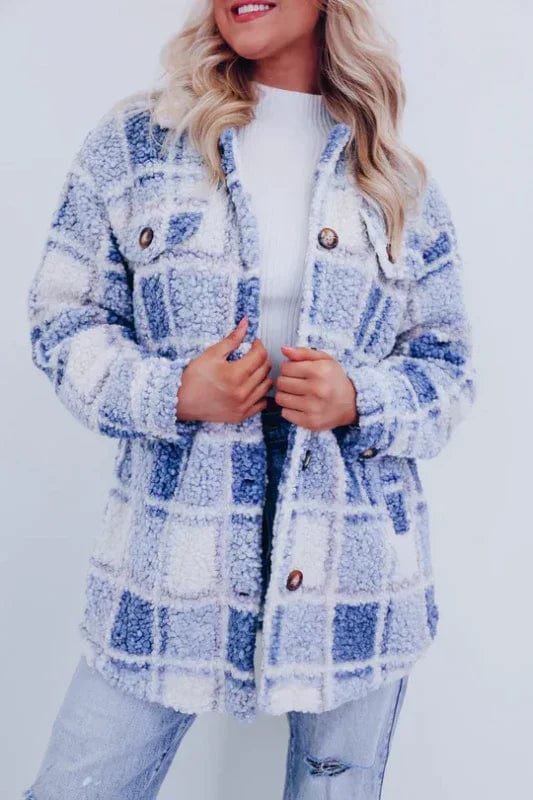 Women's checked teddy jacket with collar and button front