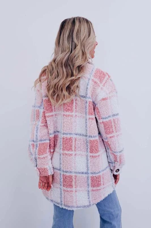 Women's checked teddy jacket with collar and button front