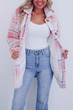 Women's checked teddy jacket with collar and button front