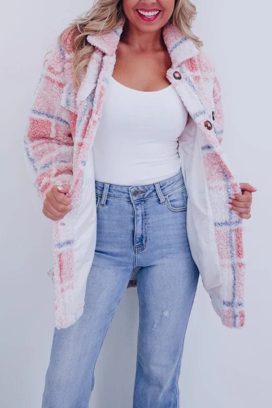 Women's checked teddy jacket with collar and button front