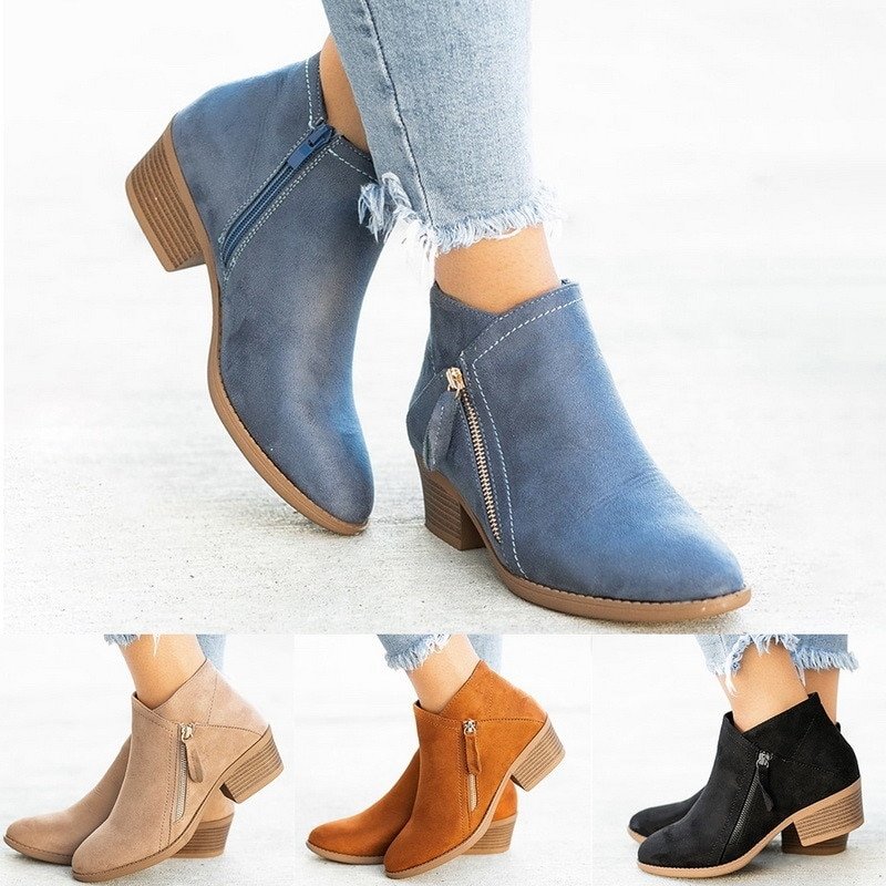 Women's ankle boots with side zipper and stacked block heel