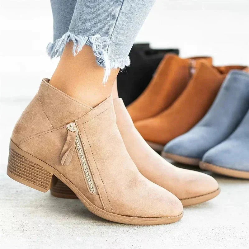 Women's ankle boots with side zipper and stacked block heel